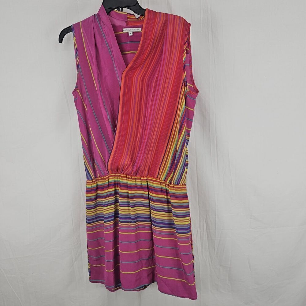 Amanda Uprichard Silk Sleeveless Multicolor Striped Faux Wrap Dress Women's Sz M